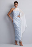 Vestido midi de madre de la novia de un hombro con lentejuelas azul claro sirena