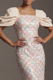 Vestido Midi de Madre de la Novia con lentejuelas de sirena verde claro y mangas abullonadas