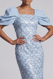 Vestido Midi de Madre de la Novia con lentejuelas de sirena verde claro y mangas abullonadas