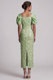 Vestido Midi de Madre de la Novia con lentejuelas de sirena verde claro y mangas abullonadas