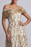 Lentejuelas A-Line de Rojo Fuera de Hombro Vestido Midi Madre de la Novia