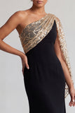 Vestido de sirena de un hombro midi negro y rojo con lentejuelas