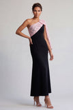 Vestido de sirena de un hombro midi negro y rojo con lentejuelas