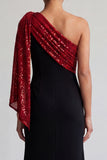 Vestido de sirena de un hombro midi negro y rojo con lentejuelas
