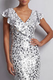 Vestido de la madre de la novia Midi Mother Of the Bride plata de plata de cuello en V con cuello en V