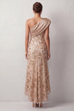 Melocotón Sirena de un hombro Vestido de lentejuelas asimétricas Midi Madre de la novia
