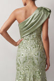 Melocotón Sirena de un hombro Vestido de lentejuelas asimétricas Midi Madre de la novia