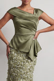 Vestido Midi de Madre de la Novia de Sirena Azul Asimétrico Floral Fruncido