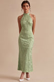 Vestido Midi Floral Sirena con cuello halter verde claro y estampado