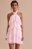 Vestido blanco floral de chiffon con escote halter en línea A y volantes