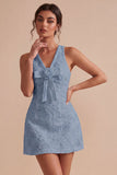 Vestido blanco pequeño de escote en V con A-Line y flor 3D