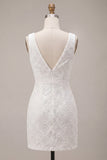 Vestido blanco pequeño de escote en V con A-Line y flor 3D