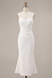 Vestido Midi fruncido con tirantes blancos de sirena
