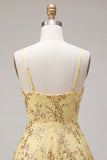 Vestido de bienvenida amarillo de tirantes finos de tirantes finos