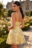 Vestido de bienvenida amarillo de tirantes finos de tirantes finos