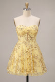 Vestido amarillo de bienvenida de lentejuelas sin tirantes y tirantes