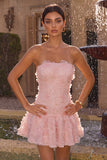 Vestido corto corto rosa de fin de semana floral perlado con perlas y tirantes en línea A