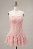 Vestido corto corto rosa de fin de semana floral perlado con perlas y tirantes en línea A