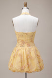 Vestido de bienvenida a casa, con escote amarillo y escote halter, bordado con flores