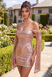 Vestido de bienvenida a casa con lentejuelas con champán brillante y bodycon hombro
