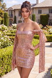 Vestido de bienvenida a casa con lentejuelas con champán brillante y bodycon hombro