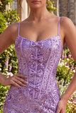 Plum Bodycon con tirantes finos Corset, lentejuelas, vestido de bienvenida con lazo
