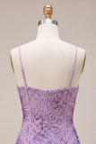 Plum Bodycon con tirantes finos Corset, lentejuelas, vestido de bienvenida con lazo
