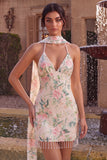 Vestido de bienvenida a casa con lentejuelas bodycon flores blancas y rosa brillante