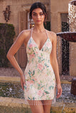 Vestido de bienvenida a casa con lentejuelas bodycon flores blancas y rosa brillante