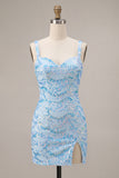 Vestido de bienvenida de bienvenida con Bodycon brillante azul cielo con tirantes gruesos y lentejuelas