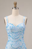 Vestido de bienvenida de bienvenida con Bodycon brillante azul cielo con tirantes gruesos y lentejuelas