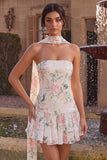 Vestido de bienvenida a casa con pañuelo de cuello blanco rosa brillante con lentejuelas