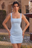 Vestido de Homecoming con escote cuadrado azul celeste con abalorios