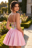Vestido de bienvenida rosa rosa con tirantes finos y lentejuelas