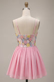 Vestido de bienvenida rosa rosa con tirantes finos y lentejuelas