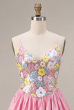 Vestido de bienvenida rosa rosa con tirantes finos y lentejuelas
