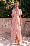 Vestido midi floral asimétrico asimétrico con escote en A de gasa rosa y mangas abullonadas