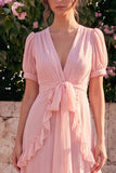 Vestido midi floral asimétrico asimétrico con escote en A de gasa rosa y mangas abullonadas