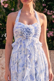 Vestido midi de chiffon azul con escote húlter y filetes