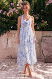 Vestido midi de chiffon azul con escote húlter y filetes