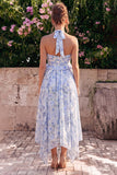 Vestido midi de chiffon azul con escote húlter y filetes