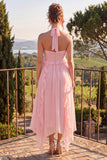 Vestido midi de chiffon azul con escote húlter y filetes