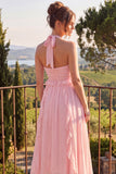 Vestido midi de chiffon azul con escote húlter y filetes