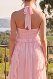 Vestido midi de chiffon azul con escote húlter y filetes