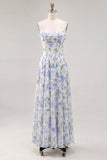 Vestido Maxi sin espalda con filetes finos de flor azul y chiffon de flor azul A-Line