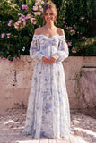 Vestido Maxi de chiffon azul con flor descubierta y manga larga