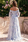 Vestido Maxi de chiffon azul con flor descubierta y manga larga