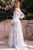 Vestido Maxi de chiffon azul con flor descubierta y manga larga