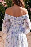 Vestido Maxi de chiffon azul con flor descubierta y manga larga