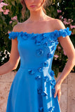 Vestido midi azul A-line con hombros descubiertos y flores 3D